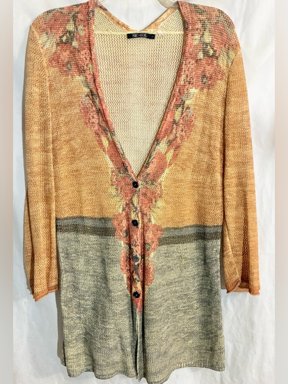 Nic + Zoe Abstract Print Cardigan Sweater Sz L Buttons Lightweight Cottagecore